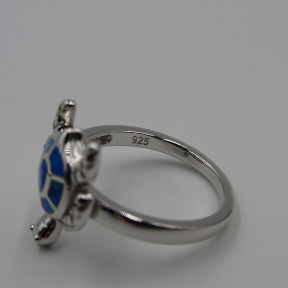 Sterling Silver Blue Opal Cute Turtle Band Ring - Picture 4 of 5